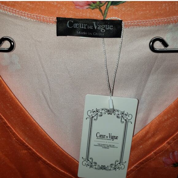 NWT Coeur De Vague XL Tunic Top Orange Floral V-Neck Stretch Long Sleeve - Picture 4 of 9